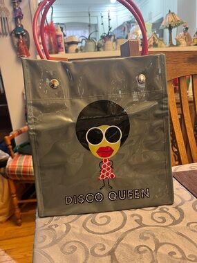 Disco Queen Vinyl Tote Bag - Olive Green with Red Handles